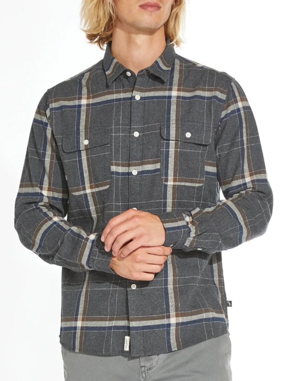 Civil Society Dark Charcoal Grey Large Plaid Flannel Button Up Shirt